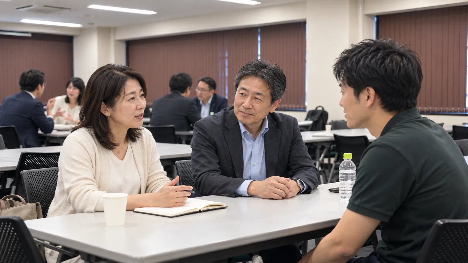 テーブルを囲んで話す参加者3人