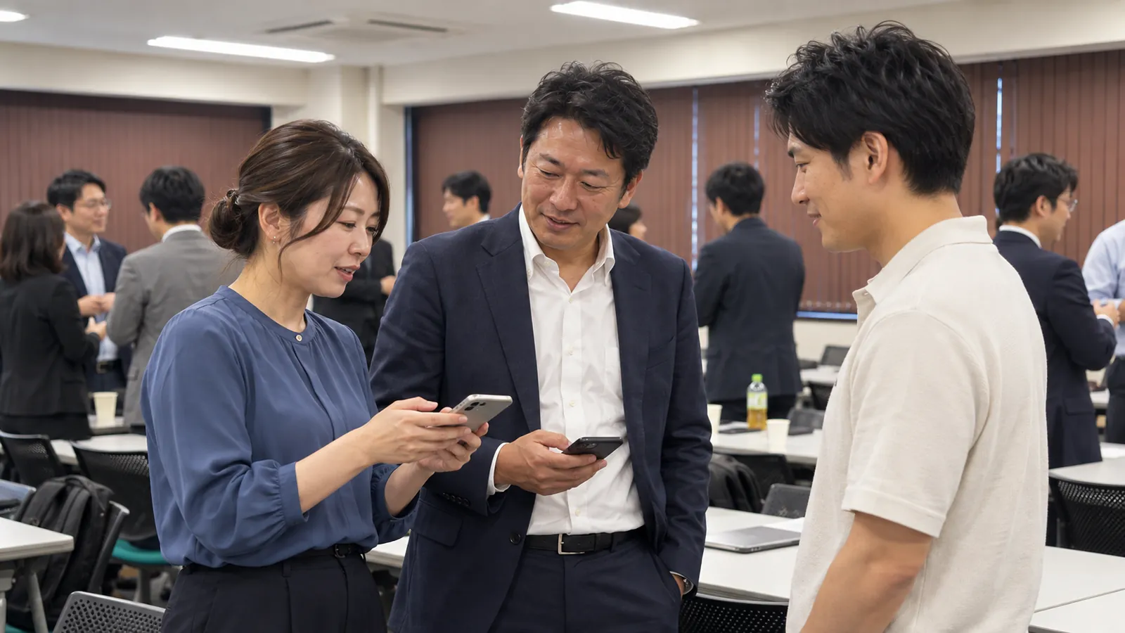 交流会でスマートフォンを見せ合い、SNSを交換する参加者3人