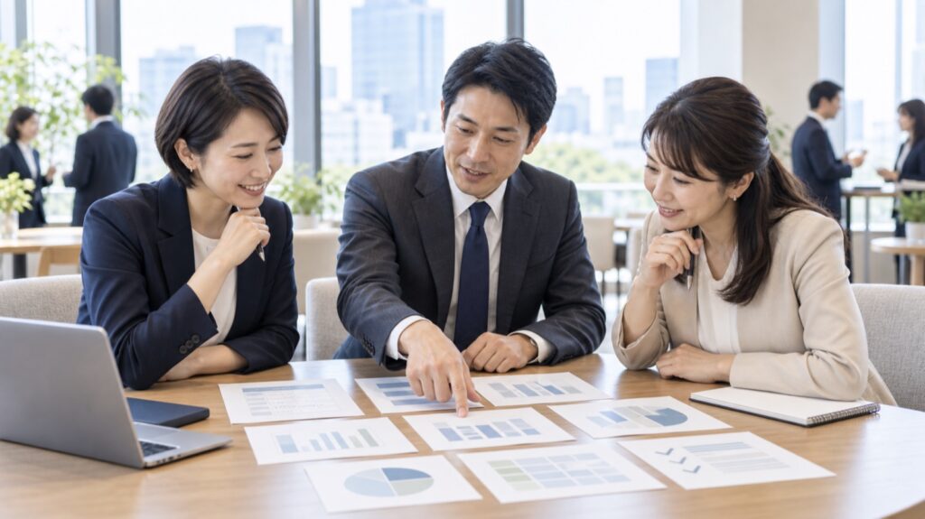 複数の資料を見ながら埼玉の異業種交流会を比較する3人のビジネスパーソン