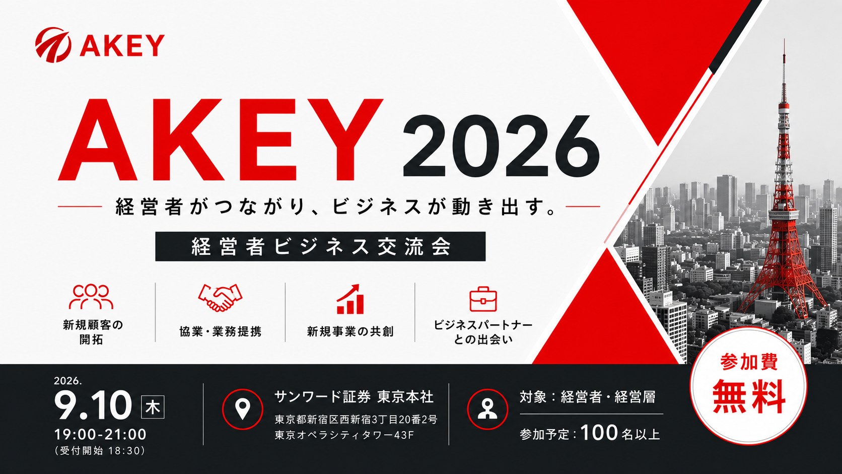 AKEY 2026 経営者ビジネス交流会。2026年9月10日木曜19時から21時、受付18時30分、サンワード証券 東京本社 東京オペラシティタワー43F、対象は経営者・経営層、参加費無料、参加予定100名以上