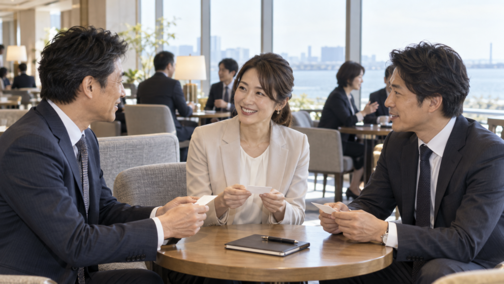 千葉の異業種交流会で名刺を手に会話する3人のビジネスパーソン