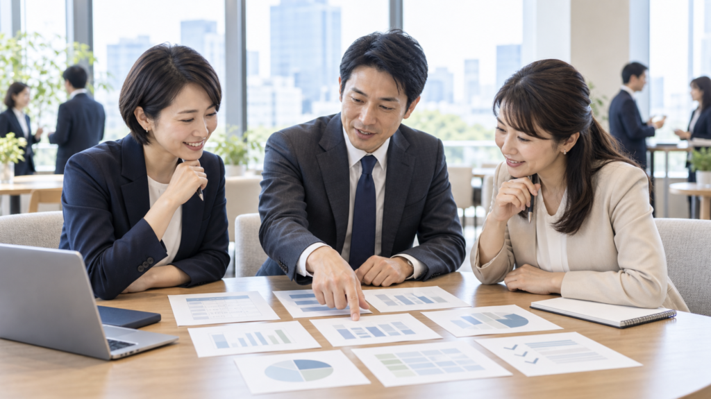 複数の資料を見ながら埼玉の異業種交流会を比較する3人のビジネスパーソン
