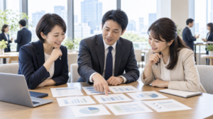 複数の資料を見ながら埼玉の異業種交流会を比較する3人のビジネスパーソン