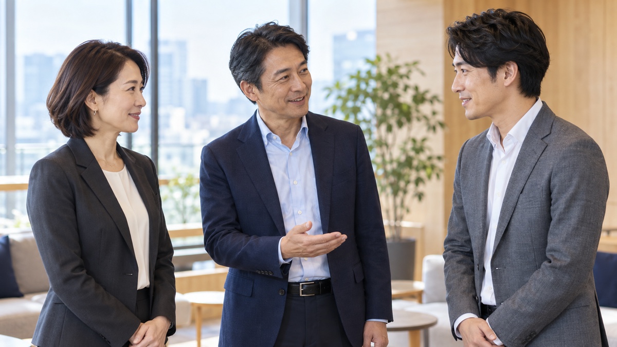 紹介者を介して初対面のビジネス相手と挨拶を交わす3人